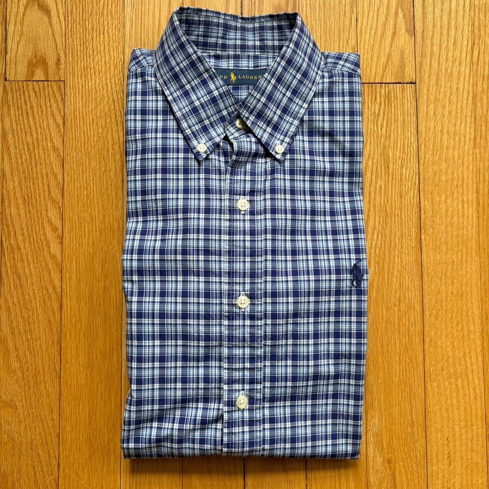 Polo Ralph Lauren Men’s Short Long Dress Shirt Reg Fit Medium Blue White Plaid
